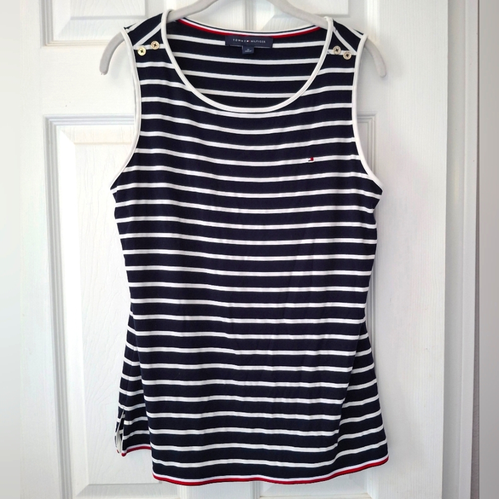 Tommy Hilfiger Sz M Navy red & white striped Tank Tunic Top Nautical Patriotic